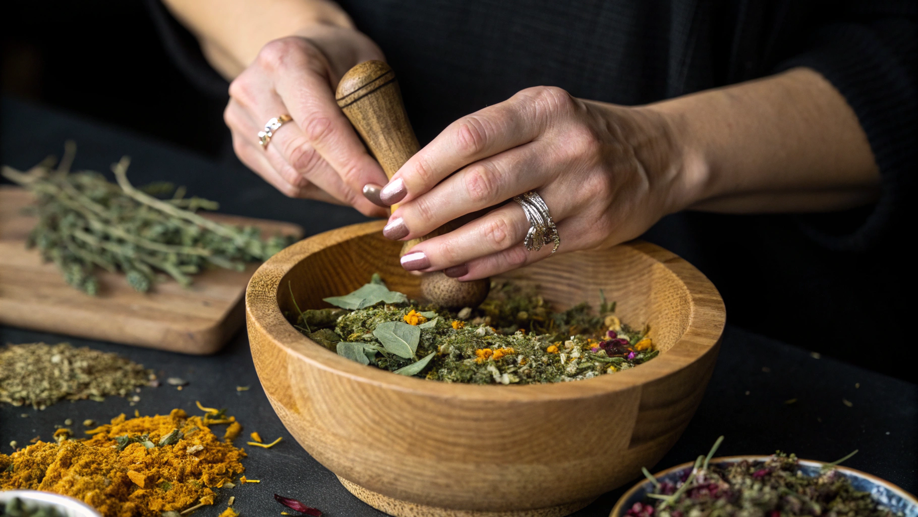 Artisanal tea blending process with dried botanicals and loose-leaf tea