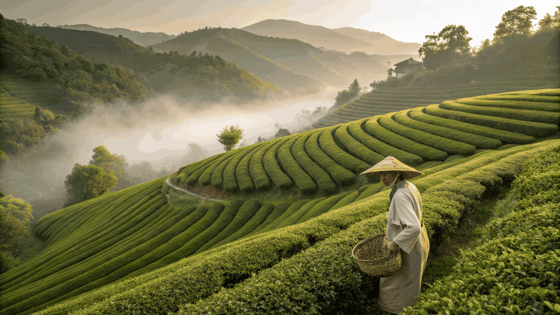 Hand-plucking fresh tea leaves at a high-altitude mountain plantation