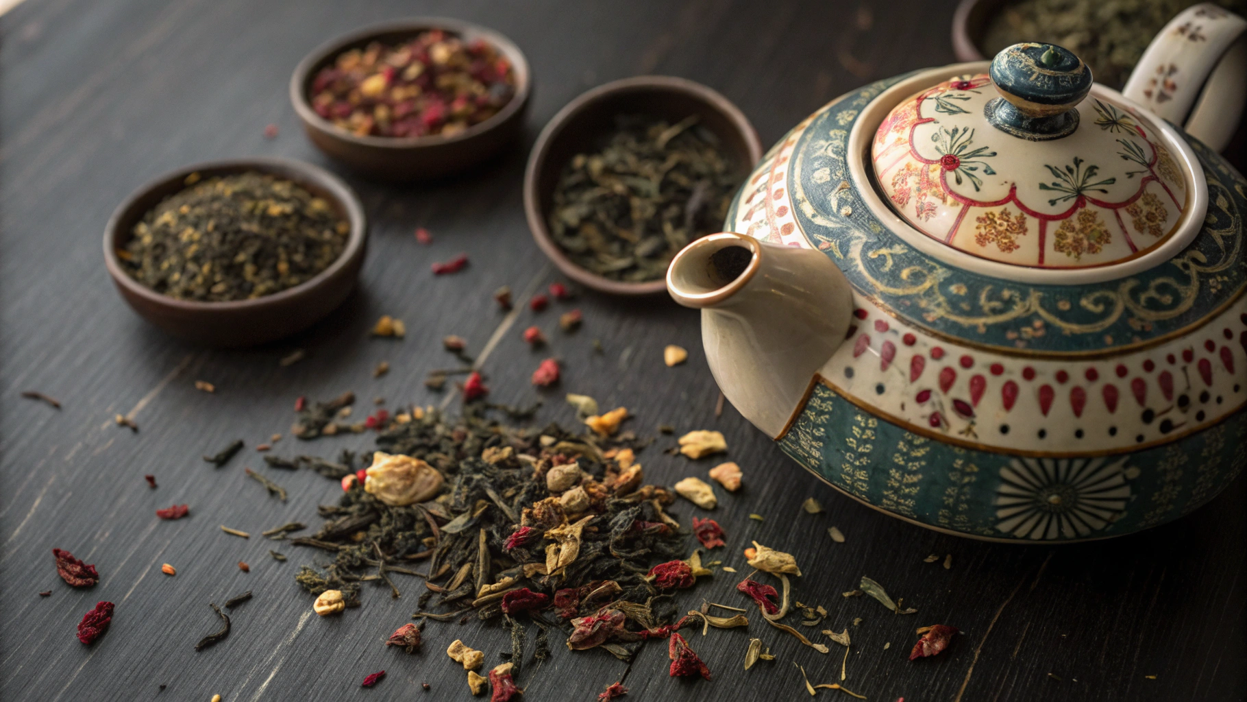 Tea tasting ritual with traditional ceramic teaware and amber liquor
