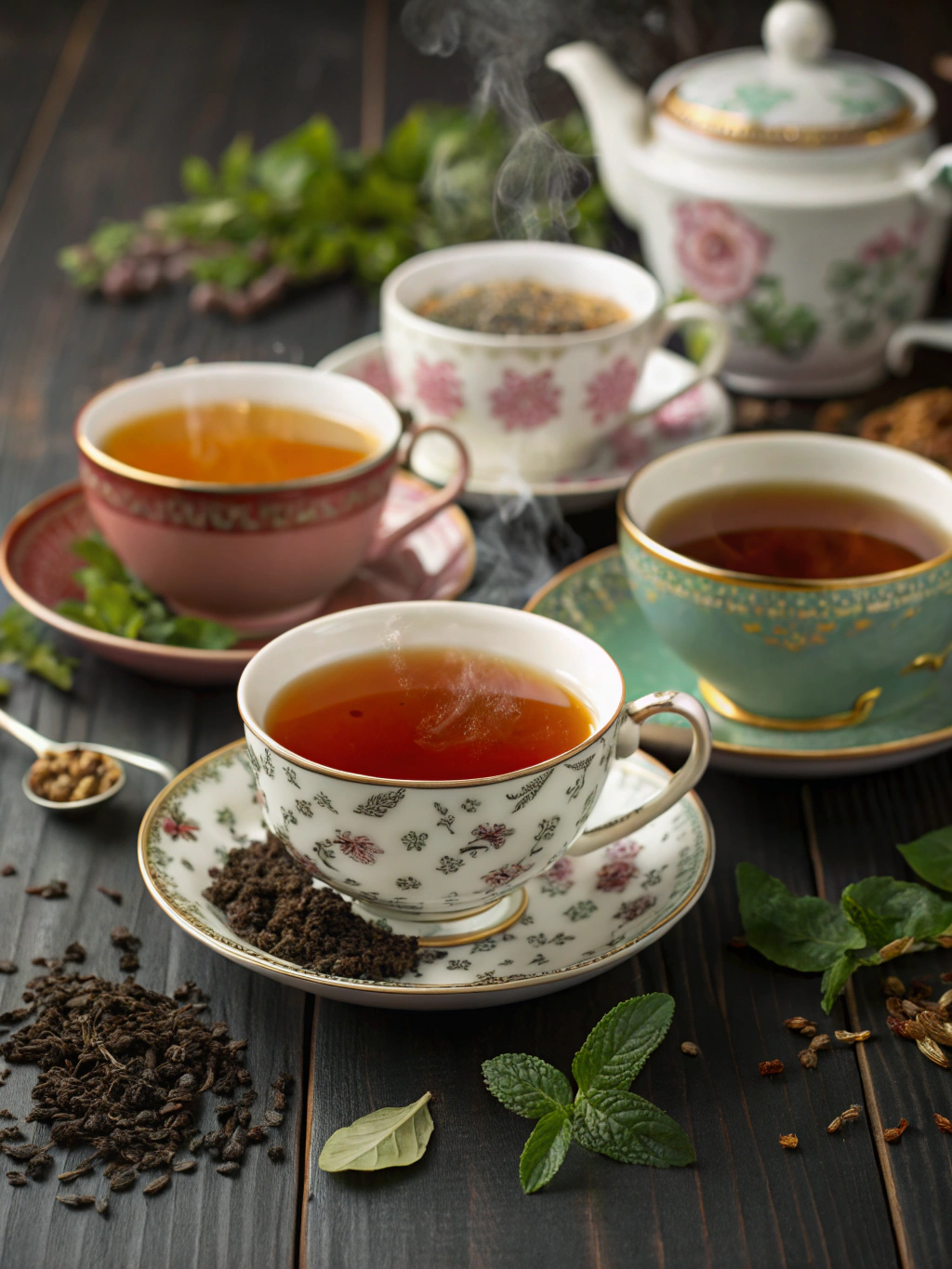 Artisanal loose-leaf tea selection in porcelain vessels